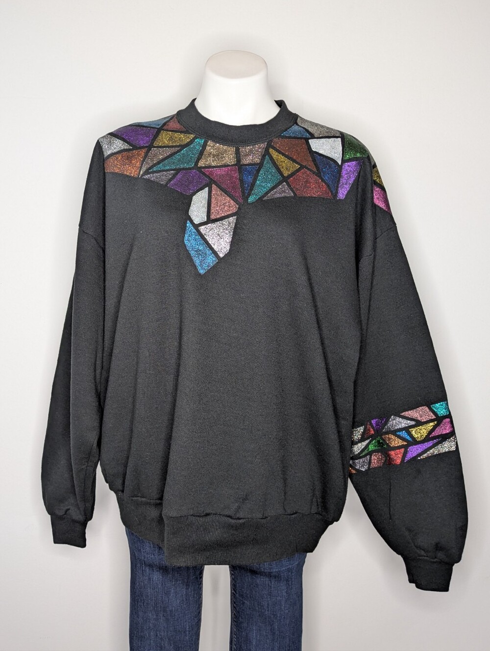 Vintage Black Colorful Glitter Stain Glass Design Long Sleeve Sweatshirt 2X